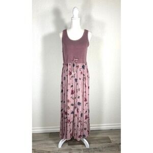VINTAGE - Mazi Womens Ribbed Knit Floral Crinkle Gauze Maxi Dress in Pink/Mauve